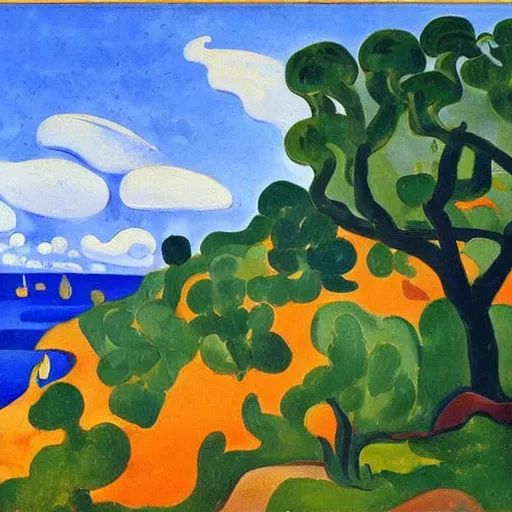 Prompt: painting of a lush natural scene on an alien planet by andre derain. beautiful landscape. weird vegetation. cliffs and water.