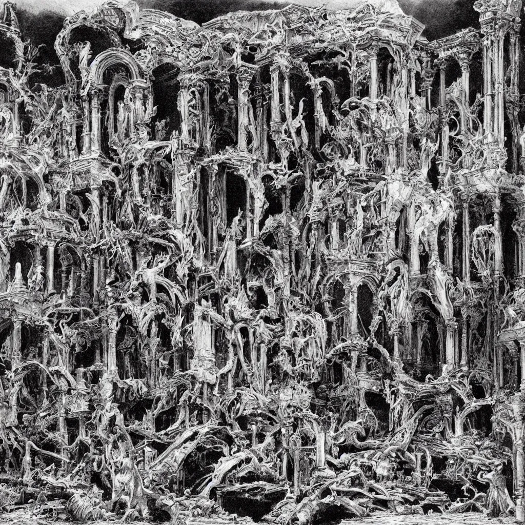 Image similar to extremely detailed illustration by bernie wrightson of a destroyed panteon with 7 statues of extint forgotten gods