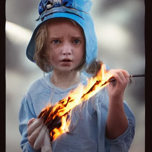 Prompt: candid photo of little girl burning in hell wearing a blue and white fishing hat by Annie Leibowitz, Photorealistic, extremely detailed, UHD, correct faces, hyperrealistic