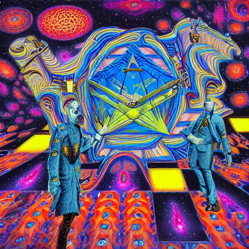 Image similar to Psychedelic Inter-dimensional freemasonic checkered trippy dreamscape in the style of an album cover by Howard Finster, Michael Cheval (unreal engine, 3d highly detailed, 8k, UHD, fantasy, dream, otherworldly, bizzare, spirals, colourful, vivid)