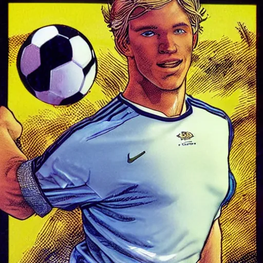 Image similar to a blonde man studying a soccer ball. happy, colorful Epic portrait by james gurney and mœbius.