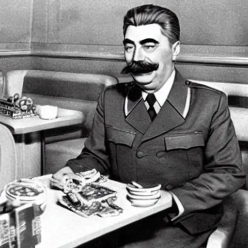 Image similar to joseph stalin enjoying a happy meal at mcdonald's