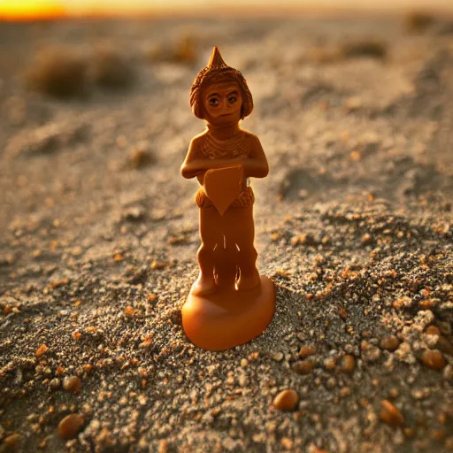 Prompt: photo of a prince made of chocolate melting in the desert sun, 2 0 0 mm lens, shot on grainy film, hyperrealism, bokeh