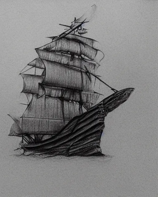 Image similar to A beautiful female warrior, pirate ship deserted island faded background, realism pencil drawing on white paper, bald lines