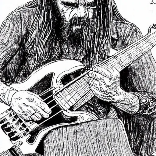 Prompt: Lemmy Kilmister playing bass detailed realistic illustration, intricate crosshatch sketch drawing by Robert Crumb