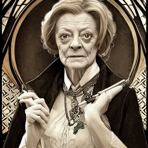 Prompt: amazing lifelike award winning pencil illustration of Maggie smith as professor Minerva mcgonagall trending on art station artgerm Greg rutkowski alphonse mucha cinematic