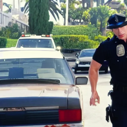 Image similar to Live Action Still of Jerma985 in Beverly Hills Cops, real life, hyperrealistic, ultra realistic, realistic, highly detailed, epic, HD quality, 8k resolution, body and headshot, film still