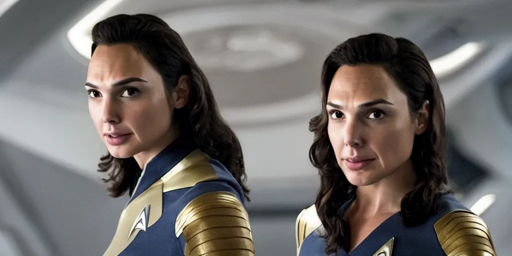 Image similar to Gal Gadot, in full starfleet uniform, is the captain of the starship Enterprise in the new Star Trek movie