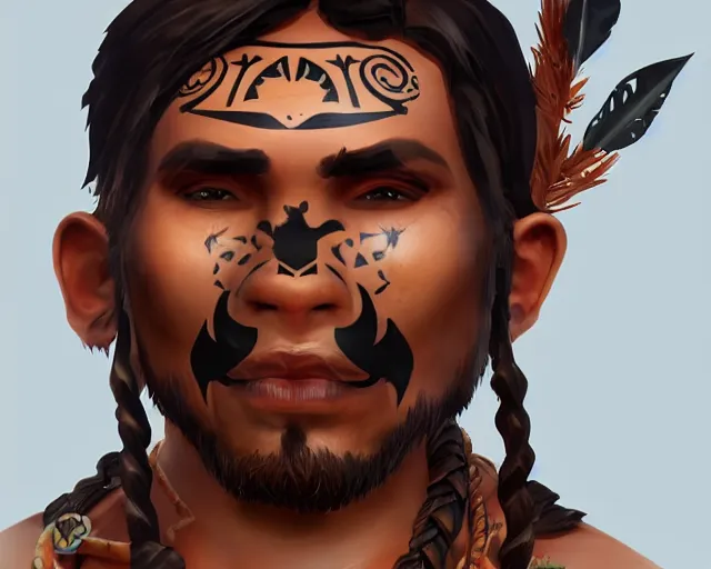 Prompt: sea of thieves character portrait concept art for a tribal native man with polynesian tattoos on his face and a nose ring, cgsociety, trending on artstation, rare ltd,