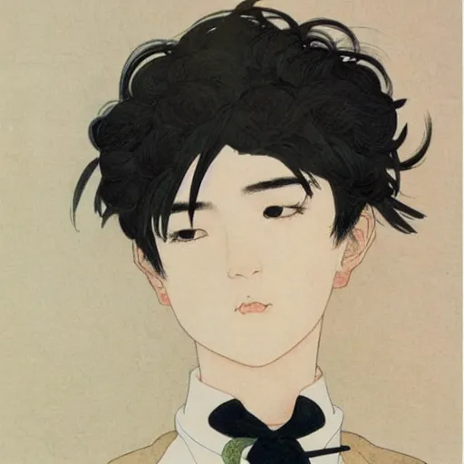 Image similar to painting of grumpy handsome beautiful man in his 2 0 s named min - jun in a french female maid outfit, modern clothing, elegant, clear, painting, stylized, delicate facial features, soft, art, art by takato yamamoto and egon schiele combined