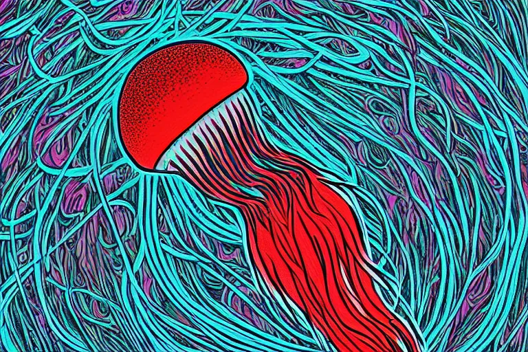 Prompt: digital art of a red jellyfish in the deep sea alone by alex grey, dark background, arcylic,