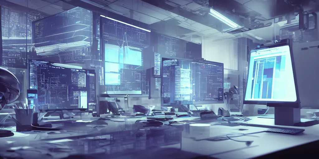 Image similar to cinematic macro photograph of a futuristic desktop monitor in an urban office setting with graphs shown as blueprints and schematic drawings on the screen, ultra realistic, by cedric peyravernay, by kilian eng, intracate detail, digital painting, minimal art style, mirrors edge art style, cinematic lighting, artstation, cgsociety, octane render, 3 5 mm film grain