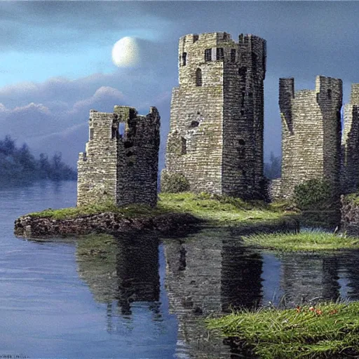 Prompt: three ruined stone towers in a lake. misty weather. painting by Ted Nasmith and Larry Elmore.