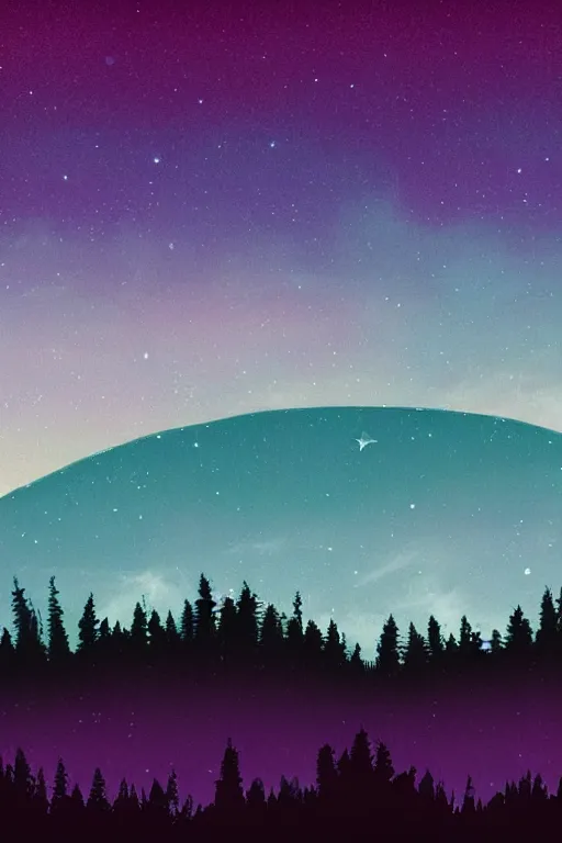 Image similar to matte painting layered night sky. Stars and a swirly starry night moon. pink and purple ombre puffy cotton candy clouds. Dark hills forest silhouette below. Cyril Roland