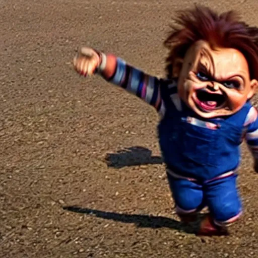 Image similar to screaming chucky doll running away and hiding from gordon ramsay