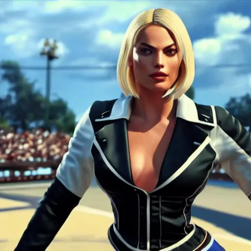 Image similar to margot robbie as a fighter in king of fighters 1 5, unreal engine 5, 4 k, photorealism, very detailed, ultra high quality