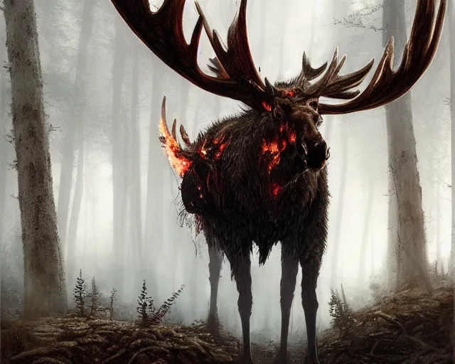 Prompt: 5 5 mm portrait photo of an armored demonic undead rotting burning moose with red eyes antlers and looking at the camera, in a magical forest. magical atmosphere. art by greg rutkowski and luis royo. highly detailed 8 k. intricate. lifelike. soft light. nikon d 8 5 0.