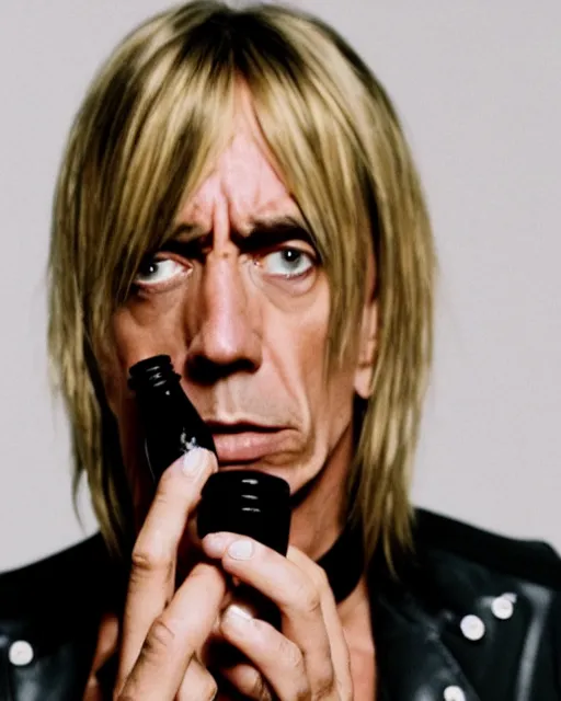 Prompt: a tall glass bottle containing a miniature iggy pop