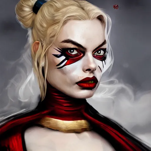 Image similar to Margot Robbie dressed as Medieval Harley Quinn, portrait, playful, fantasy, medieval, beautiful face, vivid colrs, elegant, concept art, sharp focus, digital art, Hyper-realistic, 4K, Unreal Engine, Highly Detailed, HD, Dramatic Lighting by Brom, trending on Artstation,