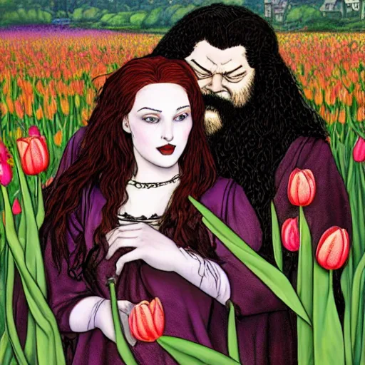 Image similar to hagrid the viking and morticia addams kiss in a field of tulips, masterpiece, highly detailed, oil on canvas, art by rebecca guay