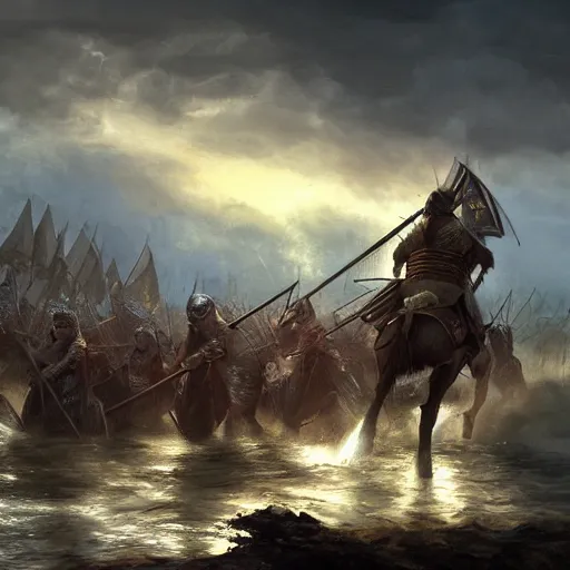 Image similar to knights dismounting off their longship to invade a village, dusk, cinematic, concept art, slight fog, high detail, wide shot, dynamic lighting, sharp focus, high resolution