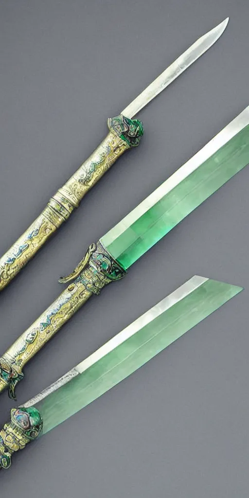 Image similar to photograph of a wide green and teal crystal double - edged sword blade attached to a big gold sword hilt