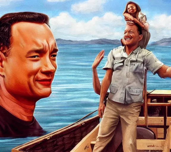 Image similar to Tom hanks as forrest gump sitting in a giant shrimp boat, majestic beautiful world, realism painting, amazing detail