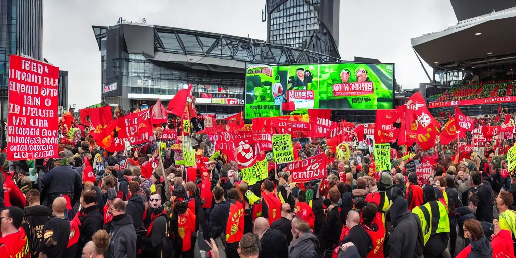 Image similar to # glazersout protests outside old trafford theatre of dreams against the glazers, # glazersout, chaos, protest, banners, placards, burning, pure evil, 8 k, by stephen king, wide angle lens, 1 6 - 3 5 mm, symmetry, cinematic lighting