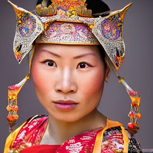 Image similar to A female ancient asian tribal princess, (EOS 5DS R, ISO100, f/8, 1/125, 84mm, postprocessed, crisp face, facial features)