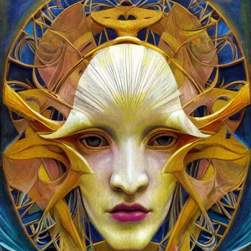 Prompt: masterpiece painting of a facemask made of stylized flowers, by annie swynnerton and jean delville and tino rodriguez and john watkiss, flower mask, art deco shaman, symbolist, dramatic lighting, god rays, elaborate geometric ornament, clean crisp graphics, soft cool colors, smooth, sharp focus, extremely detailed