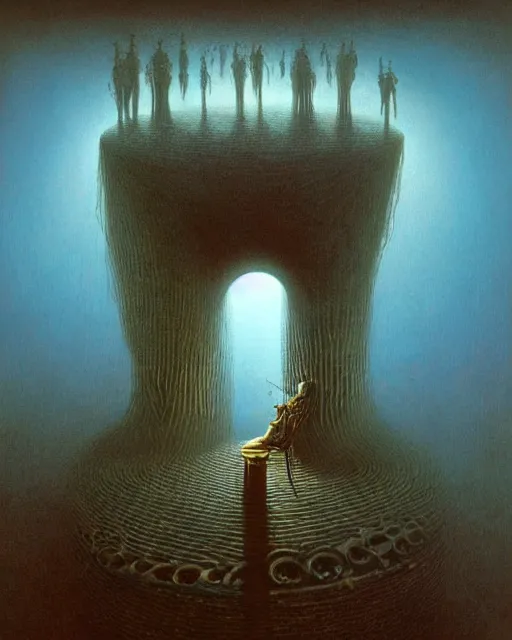 Image similar to a extremely detailed masterpiece of a violin singer in a steampunk, psychedelic symmetric lights and fog, opening a portal into another dimension, in the style of zdzislaw beksinski glowing light and shadow, hyperrealist, 8 k