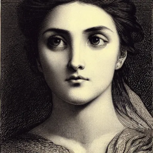 Image similar to extreme close-up, portrait of a young french woman from modern days, Gustave Dore lithography