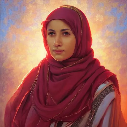 Image similar to portrait of an omani woman ( 3 5 ) from oman in 2 0 2 1, an oil painting by ross tran and thomas kincade