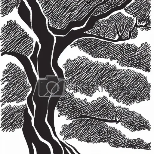 Image similar to minimal illustration of a girl dancing near an old strong tall green persian cypress tree in wind