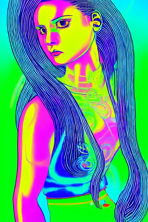 Image similar to a award winning half body portrait of a beautiful woman with stunning eyes in a croptop and cargo pants with rainbow colored hair, routlined by whirling illuminated neon lines, fine rainbow colored lines swirling in circles, outrun, vaporware, shaded flat illustration, halftone, digital art, trending on artstation, highly detailed, fine detail, intricate