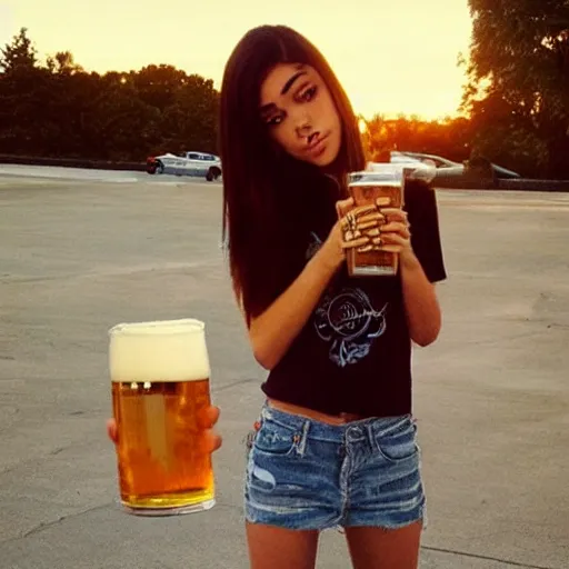 Image similar to Madison Beer drinking beer in the parking lot, realistic, sunset 😂😂😂☺️☺️☺️