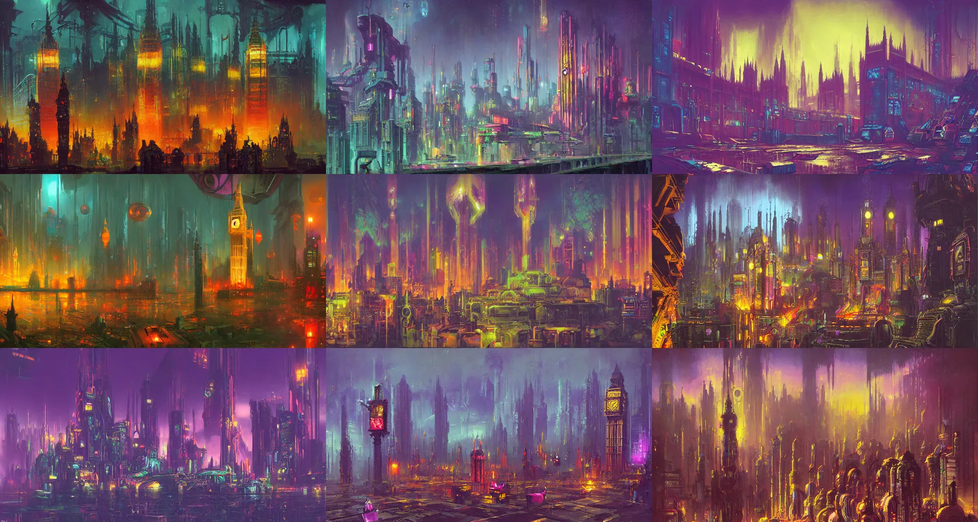 Prompt: cyberpunk Houses of Parliament by Paul Lehr