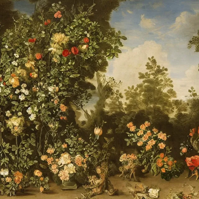 Image similar to flowers and ivy in a garden at night, a flemish baroque painting by jan van kessel the younger, black background, intricate high detail masterpiece