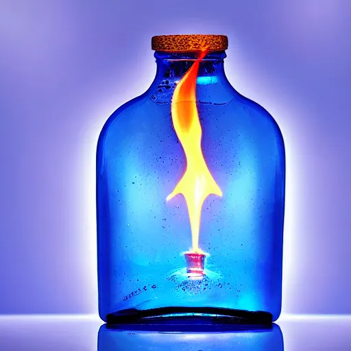 Image similar to blue flame in a bottle, 4 k, photography, highly detailed