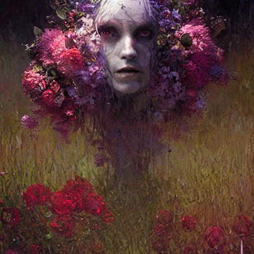 Image similar to a beautiful terrifying monster made of flowers. ethereal horror fantasy art by greg rutkowski and raymond swanland and monet