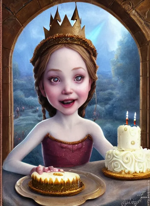 Image similar to highly detailed closeup portrait of a grinning irish fairytale medieval princess eating birthday cake, unreal engine, nicoletta ceccoli, mark ryden, lostfish, earl norem, global illumination, god rays, detailed and intricate environment