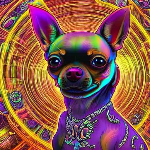 Image similar to a chihuahua with a third eye living in an extradimensional reality, in the style of wlop and alex grey, illustration, epic, fantasy, hyper detailed, smooth, unreal engine, sharp focus, ray tracing, physically based rendering