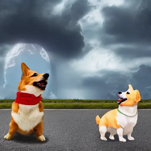 Prompt: a corgi fighting a giant robot on a cloudy day while god watches from above