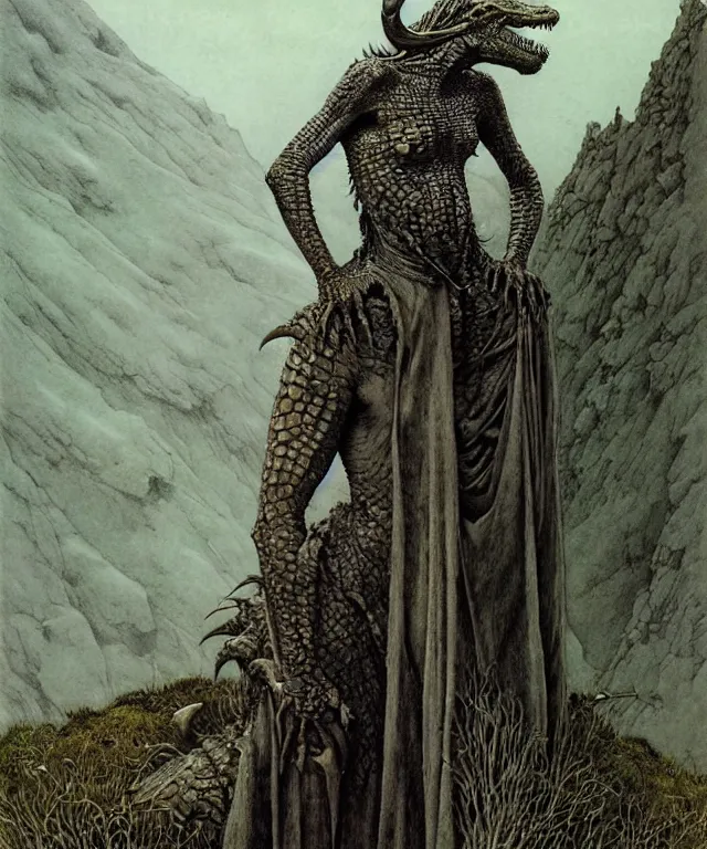 Image similar to A detailed horned crocodilewoman stands among the hills. Wearing a ripped mantle, robe. Perfect faces, extremely high details, realistic, fantasy art, solo, masterpiece, art by Zdzisław Beksiński, Arthur Rackham, Dariusz Zawadzki