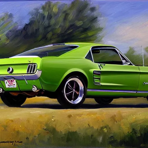 Prompt: green 1967 Ford Mustang GT, painting by Vladimir Volegov