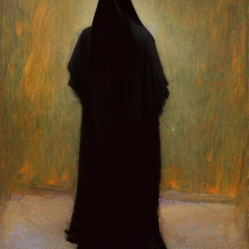 Prompt: Back view of the grim reaper as a beautiful woman, thin black robe, death himself, elegant, deep shadows, award winning, by Ilya Repin, deviant art