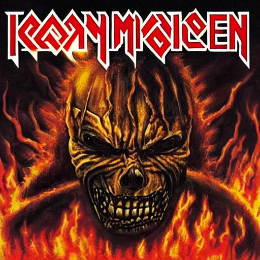 Prompt: “ flames of hell ” iron maiden album cover, highly detailed