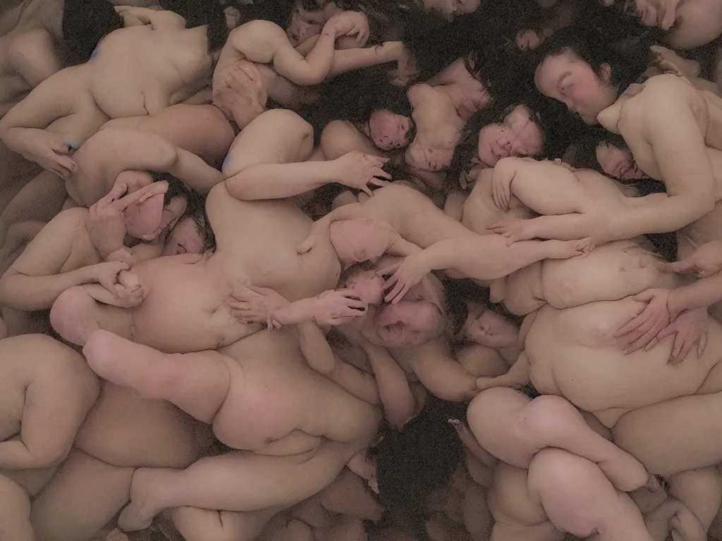 Prompt: a group of fat human bodies intertwined, dense fog, in the style of nobuyoshi araki and klimt,