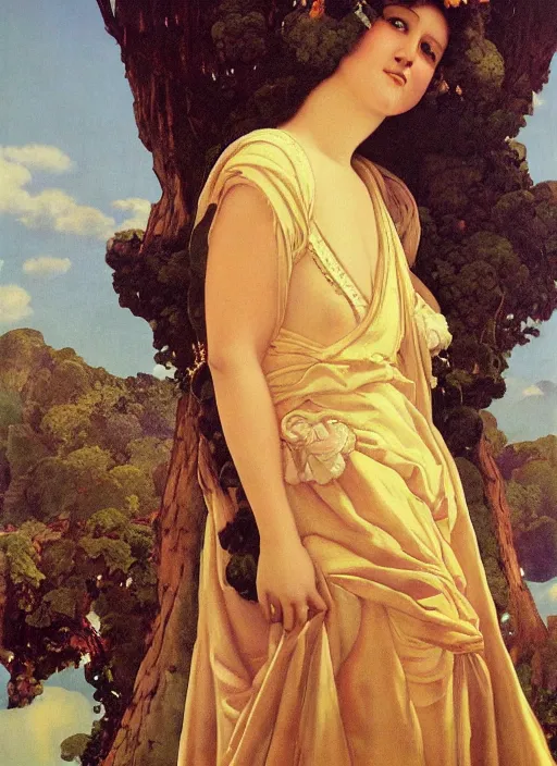 Image similar to an oil painting a queen with dark hair and white fair skin on a throne by maxfield parrish, highly detailed, realistic, realism, manierism, oil painting, wide shot