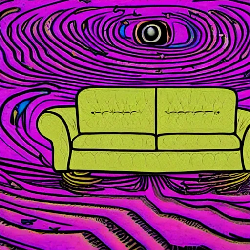 Image similar to couch sofa chesterfield flying through space psychedelic trippy eldritch horror cartoon